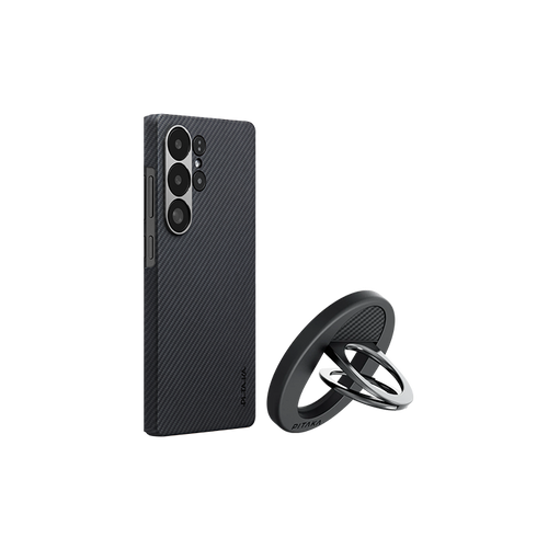 Samsung Galaxy S25 Ultra / 600D 黒/グレーツイル柄 / セット1:スマホケース+スマホリングGrip3