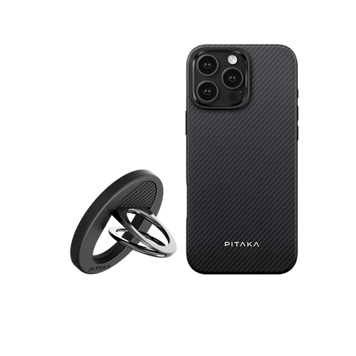 iPhone 16 Pro Max / 黒/グレーツイル柄 / セット:ケース+スマホリング Grip 3(黒/グレー)