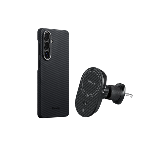 Samsung Galaxy S26 Plus / 600D 黒/グレーツイル柄 / Edge Case セット: スマホケース+Qi2車載マウント(エアコン口用)