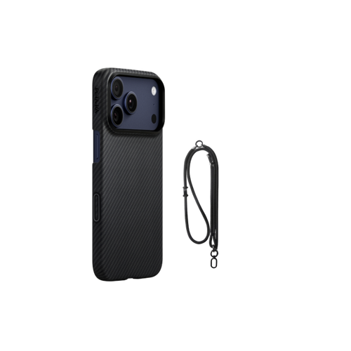 iPhone 17 Pro Max / 600D 黒/グレーツイル柄 / 極薄セット2:スマホケース+スマホストラップ