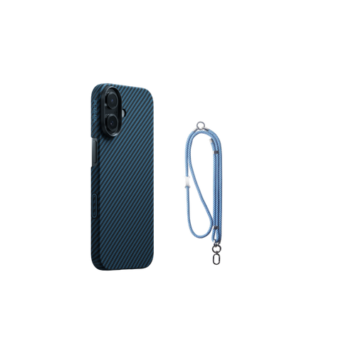 iPhone 17 / 1500D 黒/ブルーツイル柄 / 極薄セット2:スマホケース+スマホストラップ