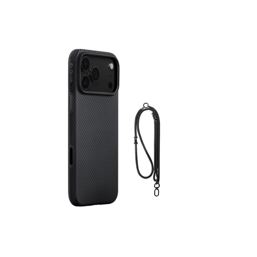 iPhone 17 Pro Max / 600D 黒/グレーツイル柄 / 軍用セット2:スマホケース+スマホストラップ