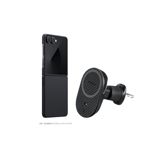 Samsung Galaxy Z Flip7 / 600D 黒/グレーツイル柄 / セット3:スマホケース+Qi2車載マウント(エアコン口用)