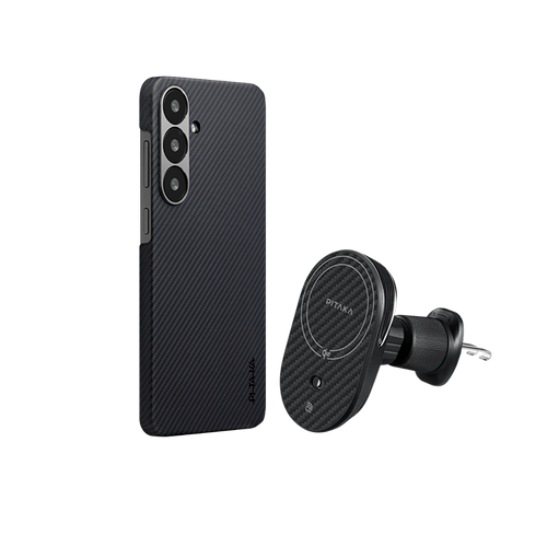 Samsung Galaxy S25 / 600D 黒/グレーツイル柄 / セット3:スマホケース+Qi2車載マウント(エアコン口用)