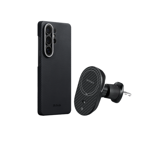 Samsung Galaxy S26 Ultra / 600D 黒/グレーツイル柄 / Edge Case セット: スマホケース+Qi2車載マウント(エアコン口用)