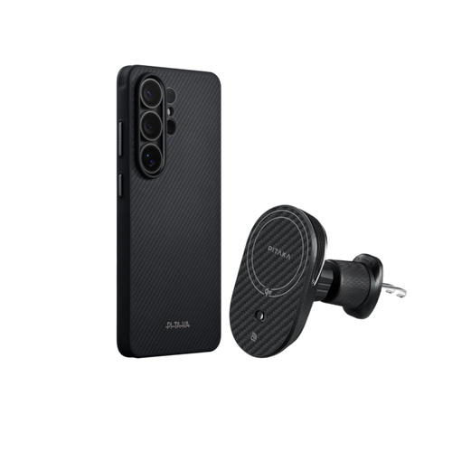 Samsung Galaxy S26 Ultra / 600D 黒/グレーツイル柄 / Cairn Case セット: スマホケース+Qi2車載マウント(エアコン口用)