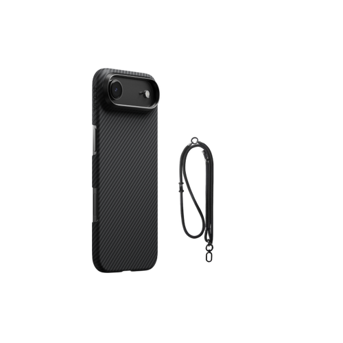 iPhone Air / 600D 黒/グレーツイル柄 / 極薄セット2:スマホケース+スマホストラップ