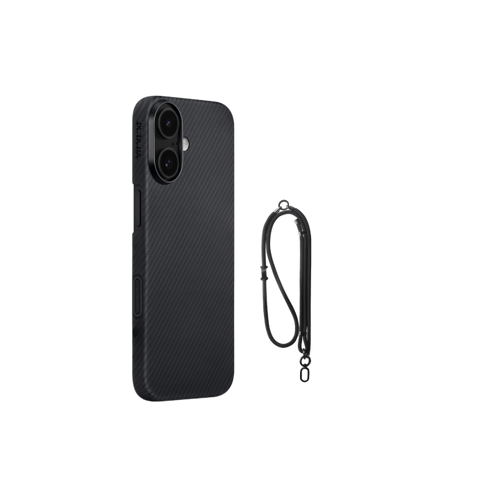 iPhone 17 / 600D 黒/グレーツイル柄 / 極薄セット2:スマホケース+スマホストラップ