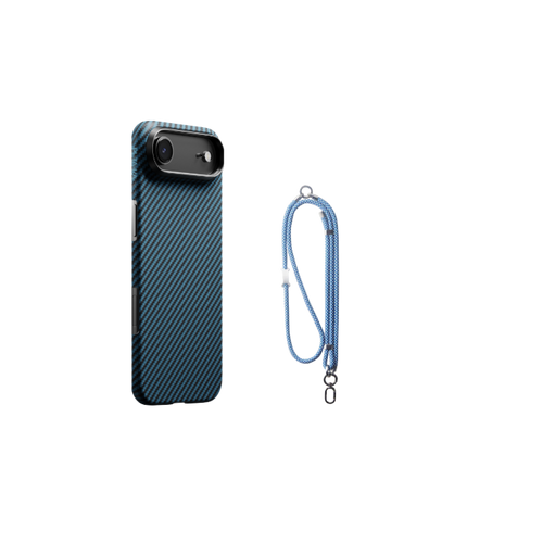 iPhone Air / 1500D 黒/ブルーツイル柄 / 極薄セット2:スマホケース+スマホストラップ