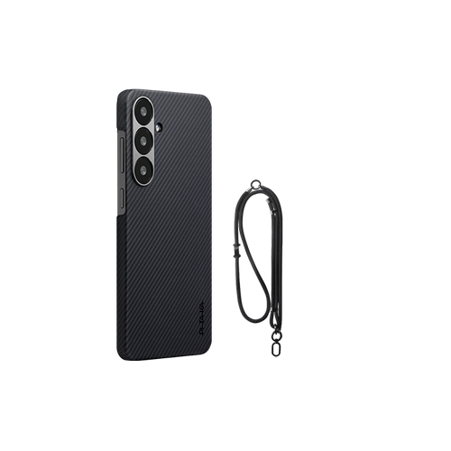 Samsung Galaxy S25 / 600D 黒/グレーツイル柄 / セット2:スマホケース+スマホストラップ