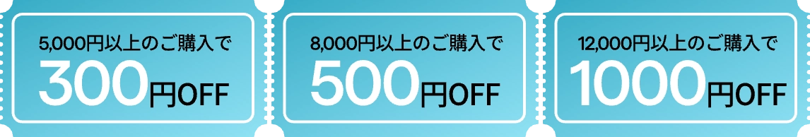 5,000円以上のご購入で300円OFF、8,000円以上のご購入で500円OFF、12,000円以上のご購入で1000円OFF